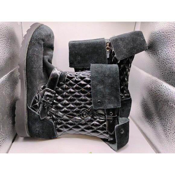 EUC UGG AUSTRALIA 1008428 CLASSIC MINI WOVEN LEATHER SHEARLING FUR BOOTIES - Picture 1 of 16